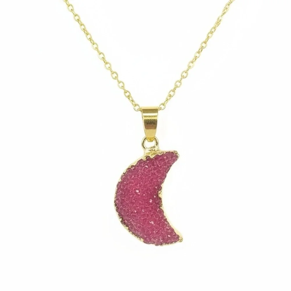 Gold Crescent Moon Druzy Necklace Pink Celestial Pendant‎ Dainty Crystal Jewelry